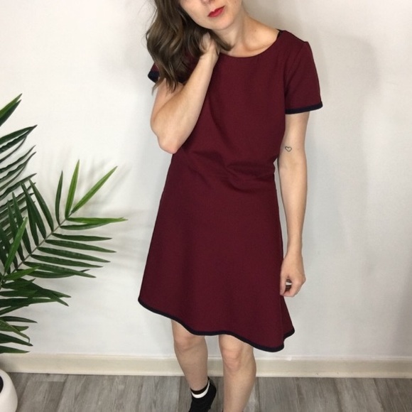J. CREW fit & flare dress black trim burgundy 0325 - Picture 7 of 7